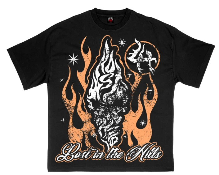 lh1_05e431d4-a6ef-439c-8d5b-7a6cd528e75a Lost Hills Flaming Orange Skull Black Tee